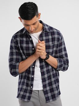 Bombay High - Mens Comfort Fit Pure Cotton Navy Blue Check Shirt