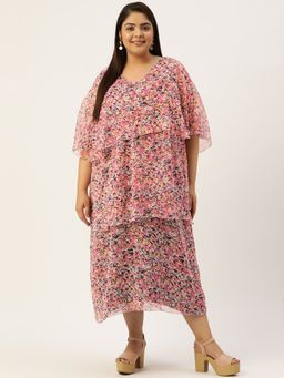 theRebelinme - Plus Size Women Pink Floral Printed Georgette Layered Midi Dress