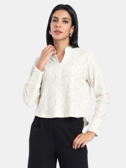 R&B - Women Beige Self Design Polyester Top