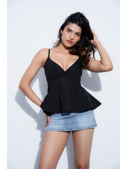 COLOR CAPITAL - Women Black Solid/Plain Cotton Top