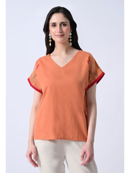 ALL WAYS YOU - Women Orange Embroidered Cotton Top