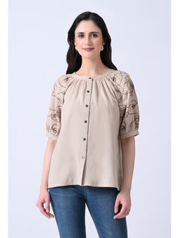 ALL WAYS YOU - Women Beige Embroidered Cotton Top