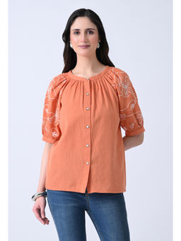 ALL WAYS YOU - Women Orange Embroidered Cotton Top