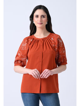 ALL WAYS YOU - Women Rust Embroidered Crepe Top