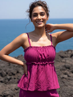 AOBA - Women Pink Solid/Plain Cotton Top