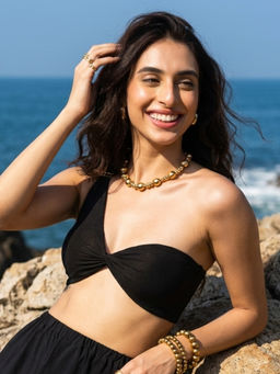 AOBA - Women Black Solid/Plain Polyester Blend Crop Top