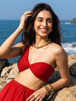 AOBA - Women Red Solid/Plain Polyester Blend Crop Top