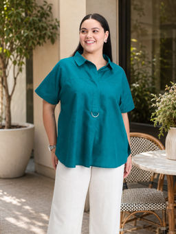 Virgio - Women Teal Solid/Plain Cotton Top