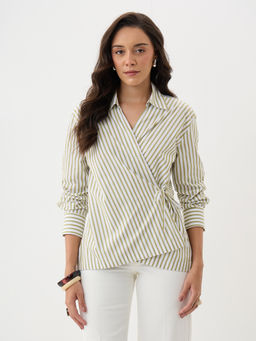 Femmella - Women Olive Stripes Cotton Shirt