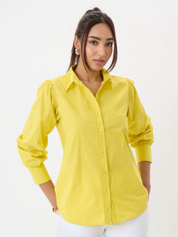 Femmella - Women Mustard Solid/Plain Cotton Shirt