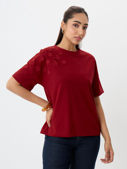 Femmella - Women Red Embroidered Cotton T-Shirt