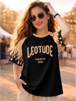 LEOTUDE - Women Black Colorblock Cotton Blend T-Shirt
