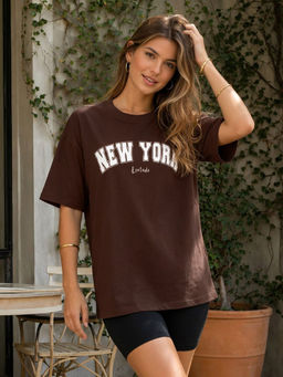 LEOTUDE - Women Brown Typography Cotton Blend T-Shirt