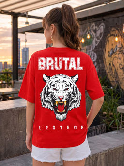 LEOTUDE - Women Red Typography Cotton Blend T-Shirt