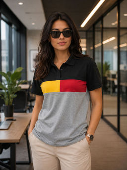 LEOTUDE - Women Grey Colorblock Cotton Blend Polo T-Shirt