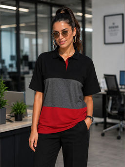 LEOTUDE - Women Black Colorblock Cotton Blend Polo T-Shirt