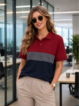 LEOTUDE - Women Navy Blue Colorblock Cotton Blend Polo T-Shirt
