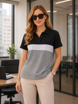 LEOTUDE - Women Grey Colorblock Cotton Blend Polo T-Shirt