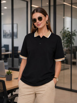 LEOTUDE - Women Black Colorblock Cotton Blend Polo T-Shirt