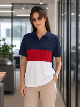 LEOTUDE - Women Navy Blue Colorblock Cotton Blend Polo T-Shirt