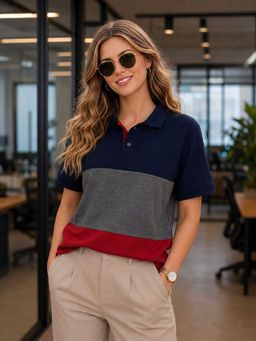 LEOTUDE - Women Navy Blue Colorblock Cotton Blend Polo T-Shirt