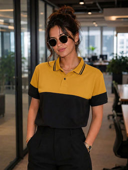 LEOTUDE - Women Mustard Colorblock Cotton Blend Polo T-Shirt