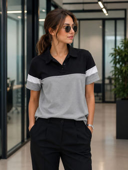 LEOTUDE - Women Black Colorblock Cotton Blend Polo T-Shirt