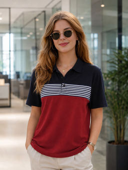 LEOTUDE - Women Navy Blue Colorblock Cotton Blend Polo T-Shirt