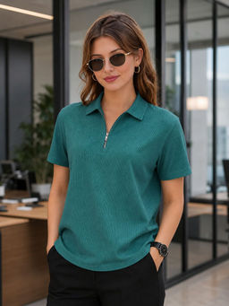 LEOTUDE - Women Green Solid/Plain Cotton Blend Polo T-Shirt