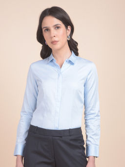 Cantabil - Women Blue Solid/Plain Cotton Shirt