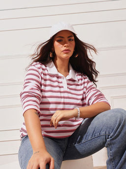 CURVY STREET - Women Pink Stripes Cotton Polo T-Shirt