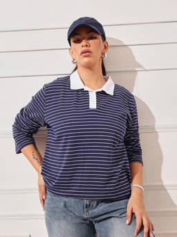 CURVY STREET - Women Navy Blue Stripes Cotton Polo T-Shirt
