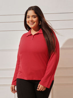 CURVY STREET - Women Red Solid/Plain Cotton Polo T-Shirt