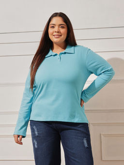 CURVY STREET - Women Aqua Solid/Plain Cotton Polo T-Shirt