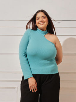 CURVY STREET - Women Turquoise Solid/Plain Cotton Top