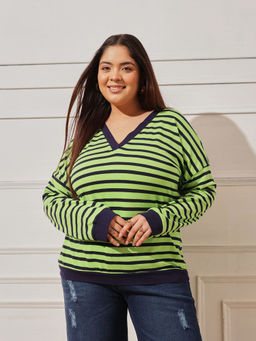 CURVY STREET - Women Green Stripes Cotton Top