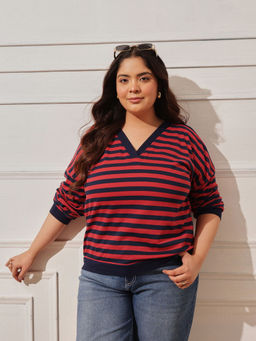 CURVY STREET - Women Red Stripes Cotton Top