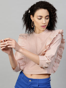 STREET 9 - Women Pink Solid/Plain Pure Cotton Crop Top