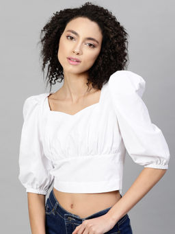 STREET 9 - Women White Solid/Plain Pure Cotton Crop Top
