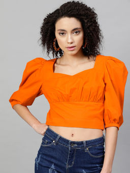 STREET 9 - Women Orange Solid/Plain Pure Cotton Crop Top