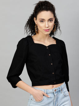 STREET 9 - Women Black Solid/Plain Pure Cotton Top