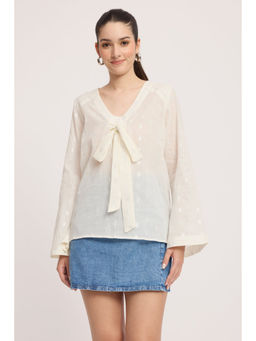 Virgio - Women Off White Self Design Cotton Top