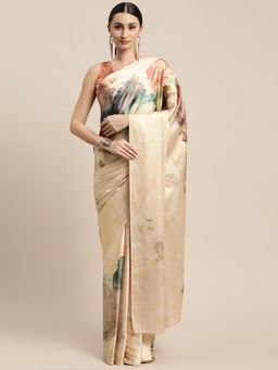 VAIRAGEE - Cream-Coloured and Red Abstract Printed Saree with Unstitched Blouse