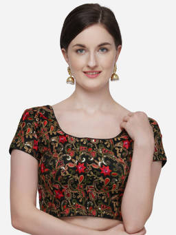 Amrutam Fab - Womens Embroidered And Sequins Work Black Silk Stiched Blouse With Round Neck