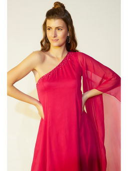Wendell Rodricks - Fuchsia One-shoulder Flared Dress