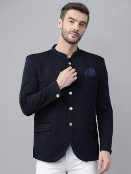 HANGUP Men Party Wear Blazer Polyester Viscose Fabric Regular Fit Printed Navy Blue
