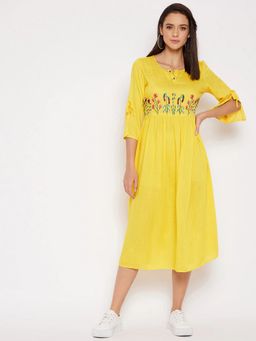 WineRed - Women Yellow Embroidered Flared Midi Dress