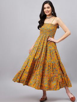 WineRed - Women Yellow Floral Smocking Maxi Dress