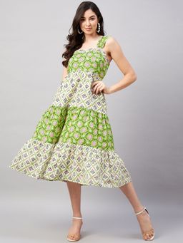 WineRed - Women Green Shoulder Strap Panelled Midi A- Line Dress