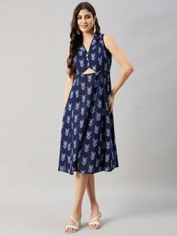 WineRed - Women Navy Blue Front Triangle Cut Out A-Line Dress